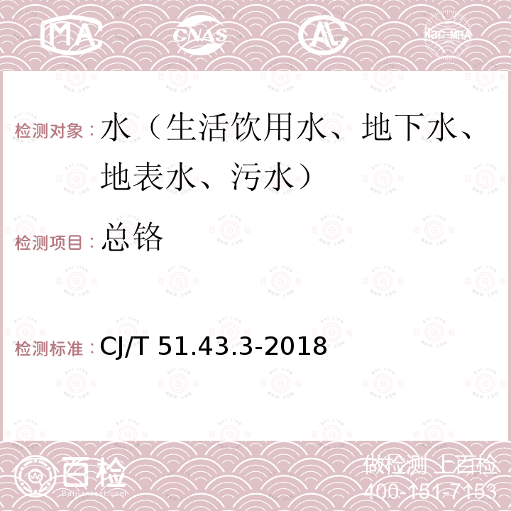 总铬 城镇污水水质标准检验方法    总铬的测定                 电感耦合等离子体发射光谱法 CJ/T 51.43.3-2018