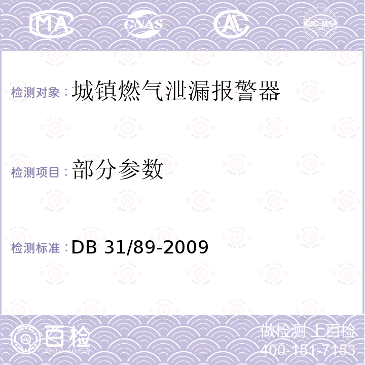 部分参数 城镇燃气泄漏报警器安全技术条件 DB 31/89-2009