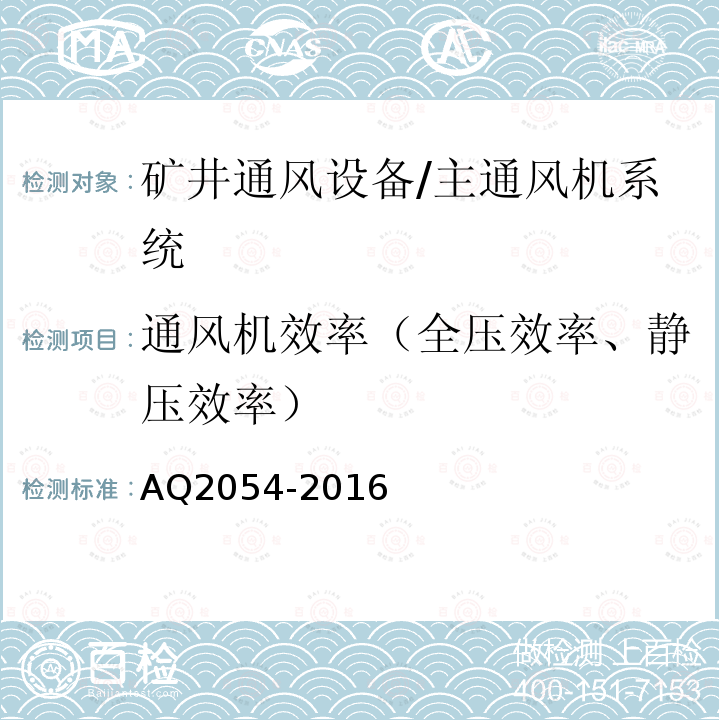 通风机效率（全压效率、静压效率） 《金属非金属矿山在用主通风机系统安全检验规范》 AQ2054-2016