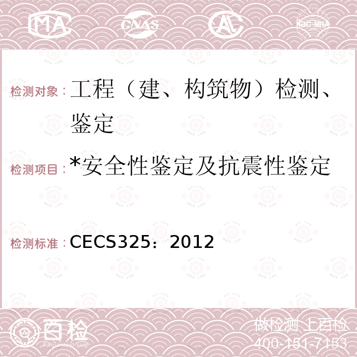 *安全性鉴定及抗震性鉴定 CECS 325:2012 *《既有村镇住宅建筑抗震鉴定和加固技术规程》 CECS325：2012