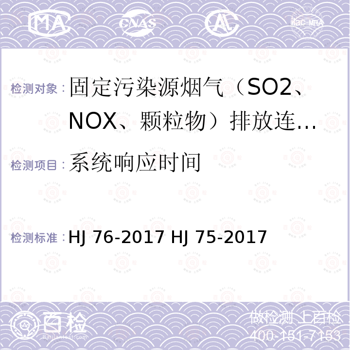 系统响应时间 固定污染源烟气（SO2、NOX、颗粒物）排放连续监测系统技术要求及检测方法 固定污染源烟气（SO2、NOX、颗粒物）排放连续监测技术规范 HJ 76-2017 HJ 75-2017