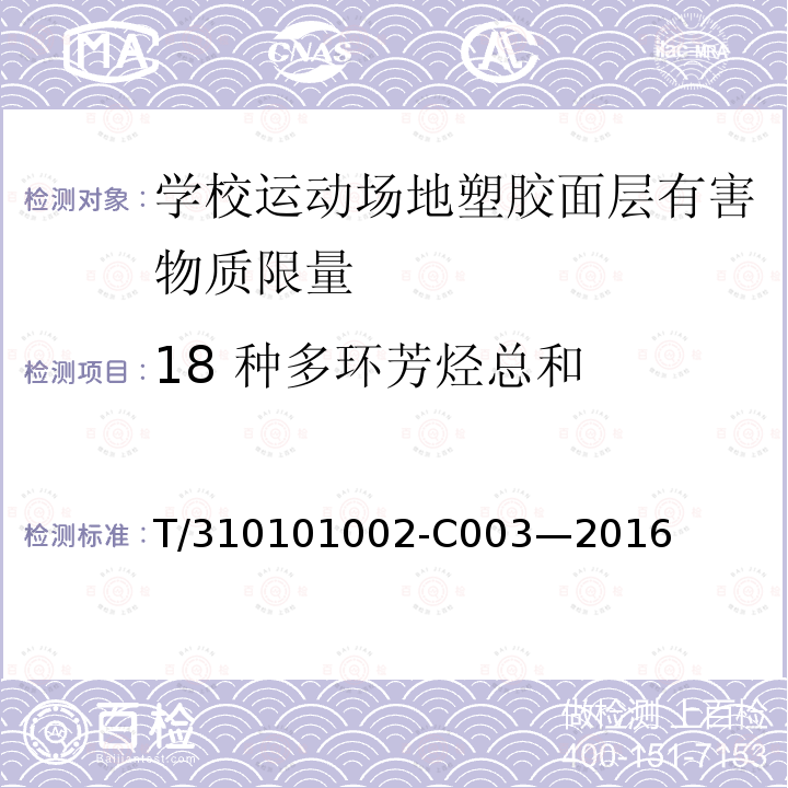 18 种多环芳烃总和 T/310101002-C003—2016 上海市团体标准 *《学校运动场地塑胶面层有害物质限量》 