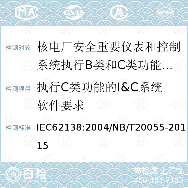 执行C类功能的I&C系统软件要求 核电厂安全重要仪表和控制系统执行B类和C类功能的计算机软件 IEC62138:2004/NB/T20055-20115