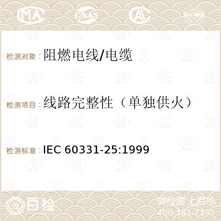 线路完整性（单独供火） 在火焰条件下电缆或光缆的线路完整性试验 第25部分：试验步骤和要求——光缆 IEC 60331-25:1999