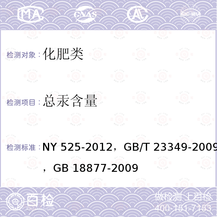 总汞含量 NY 525-2012 有机肥料