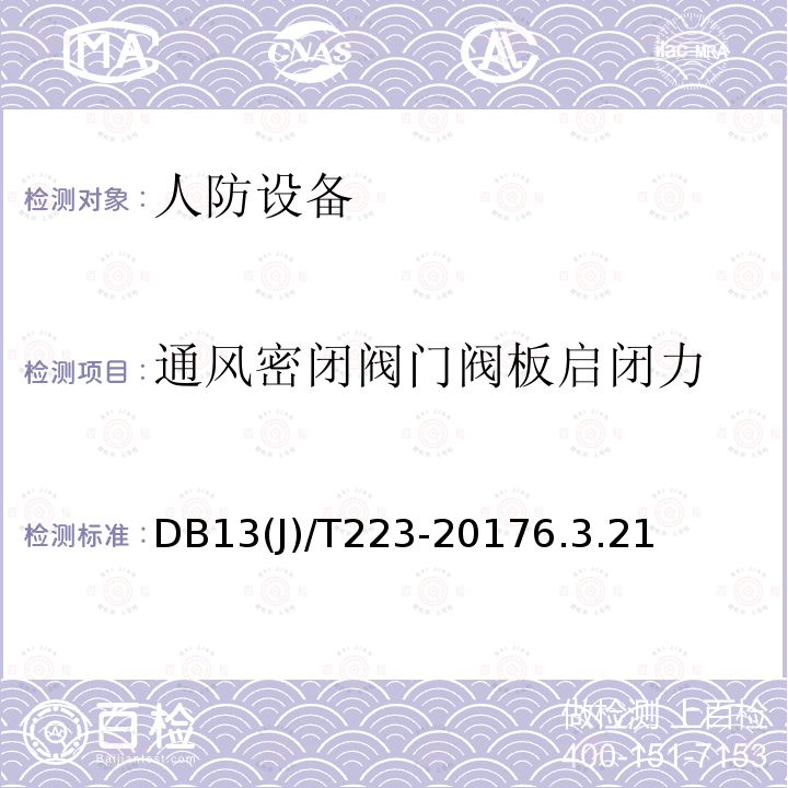 通风密闭阀门阀板启闭力 人民防空工程防护质量检测技术规程 DB13(J)/T223-20176.3.21