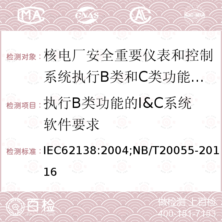 执行B类功能的I&C系统软件要求 核电厂安全重要仪表和控制系统执行B类和C类功能的计算机软件 IEC62138:2004;NB/T20055-20116