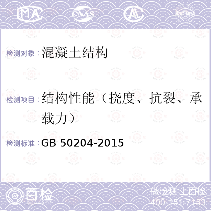 结构性能（挠度、抗裂、承载力） GB 50204-2015 混凝土结构工程施工质量验收规范(附条文说明)