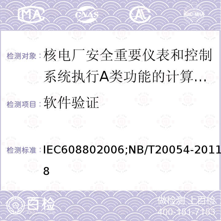 软件验证 核电厂安全重要仪表和控制系统执行A类功能的计算机软件 IEC608802006;NB/T20054-20118