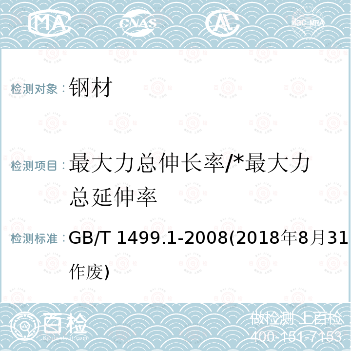 最大力总伸长率/*最大力总延伸率 GB/T 1499.1-2008 【强改推】钢筋混凝土用钢 第1部分:热轧光圆钢筋(附第1号修改单)