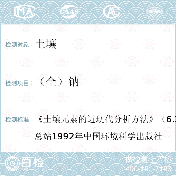（全）钠 原子吸收法 《土壤元素的近现代分析方法》（6.2.1）中国环境监测总站1992年中国环境科学出版社