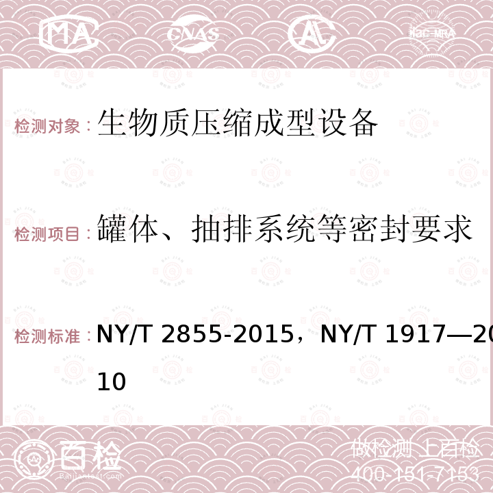 罐体、抽排系统等密封要求 NY/T 2855-2015 自走式沼渣沼液抽排设备试验方法