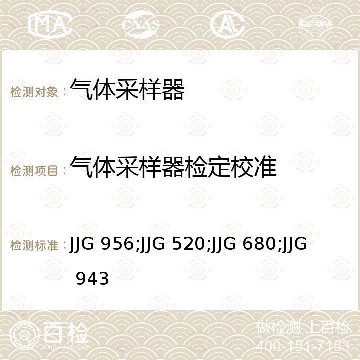 气体采样器检定校准 JJG 956;JJG 520;JJG 680;JJG 943 大气采样器检定规程 JJG 956，粉尘采样器检定规程 JJG 520，烟尘采样器检定规程 JJG 680，总悬浮颗粒物采样器检定规程 JJG 943