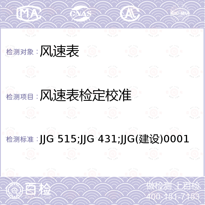 风速表检定校准 JJG 515;JJG 431;JJG(建设)0001 轻便磁感风向风速表检定规程 JJG 515，轻便三杯风向风速表检定规程 JJG 431，热球式风速表检定规程 JJG(建设)0001