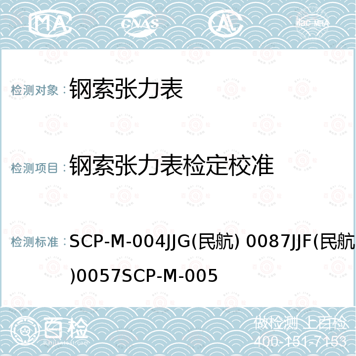 钢索张力表检定校准 JJG(民航) 0087 Tensitron 公司操作手册：ACM200钢索张力表，T60系列钢索张力表校准程序 SCP-M-004，T60系列钢索张力表检定规程 JJG(民航) 0087，T5系列钢索张力表校准规范 JJF(民航)0057，T5系列/ACM-200型钢索张力表校准程序 SCP-M-005