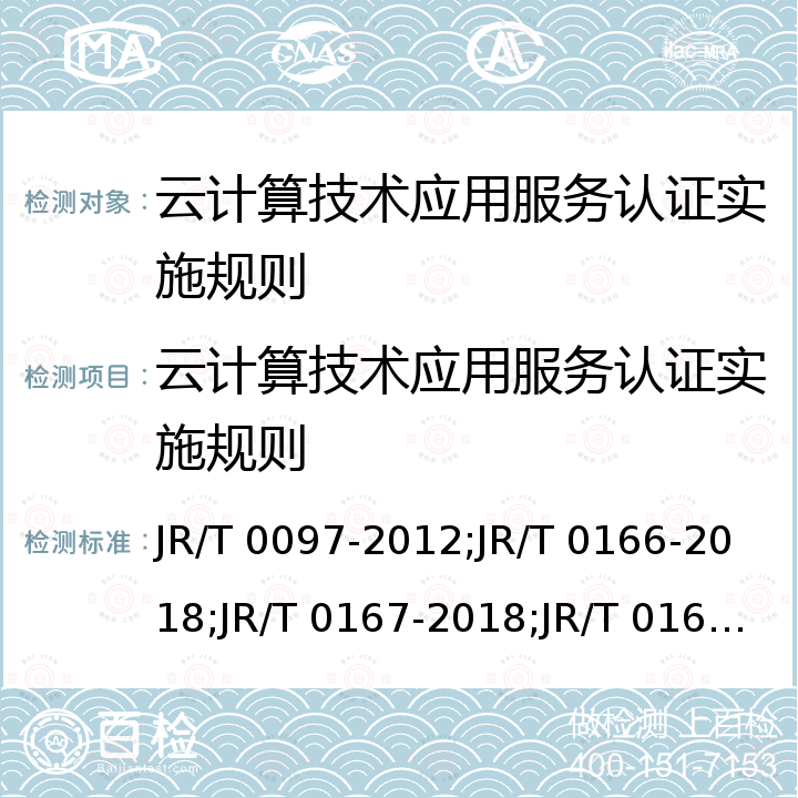 云计算技术应用服务认证实施规则 T 0097-2012 云计算技术金融应用规范 技术架构、安全技术要求、容灾 JR/;JR/T 0166-2018;JR/T 0167-2018;JR/T 0168-2018