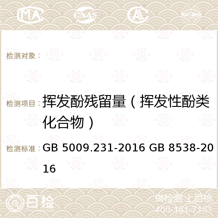 挥发酚残留量（挥发性酚类化合物） GB 5009.231-2016 食品安全国家标准 水产品中挥发酚残留量的测定