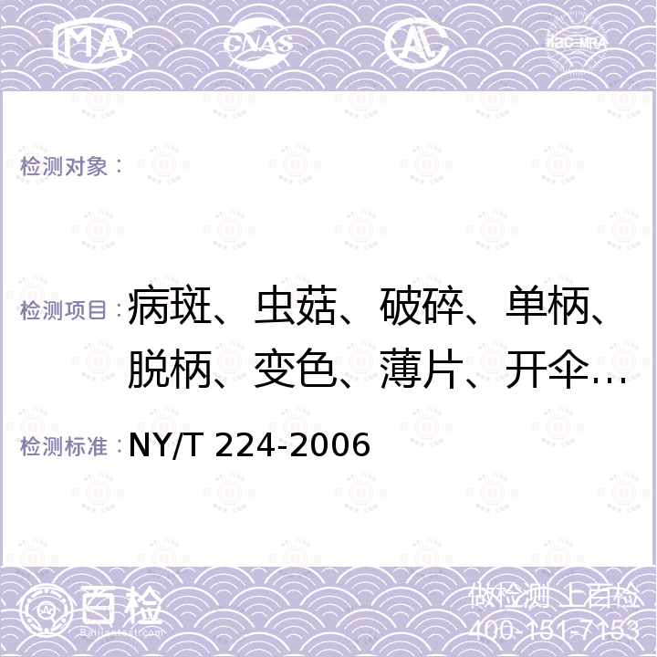 病斑、虫菇、破碎、单柄、脱柄、变色、薄片、开伞、畸形、杂质、黑褶 NY/T 224-2006 双孢蘑菇