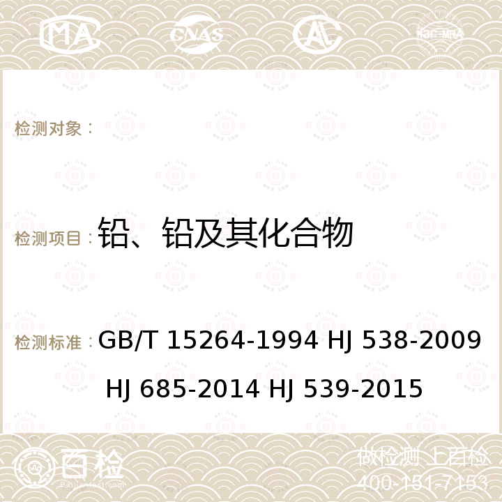 铅、铅及其化合物 GB/T 15264-1994 环境空气 铅的测定 火焰原子吸收分光光度法(附2018年第1号修改单)