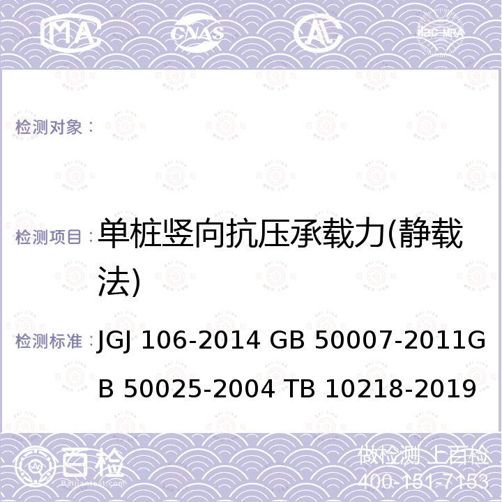 单桩竖向抗压承载力(静载法) JGJ 106-2014 建筑基桩检测技术规范(附条文说明)