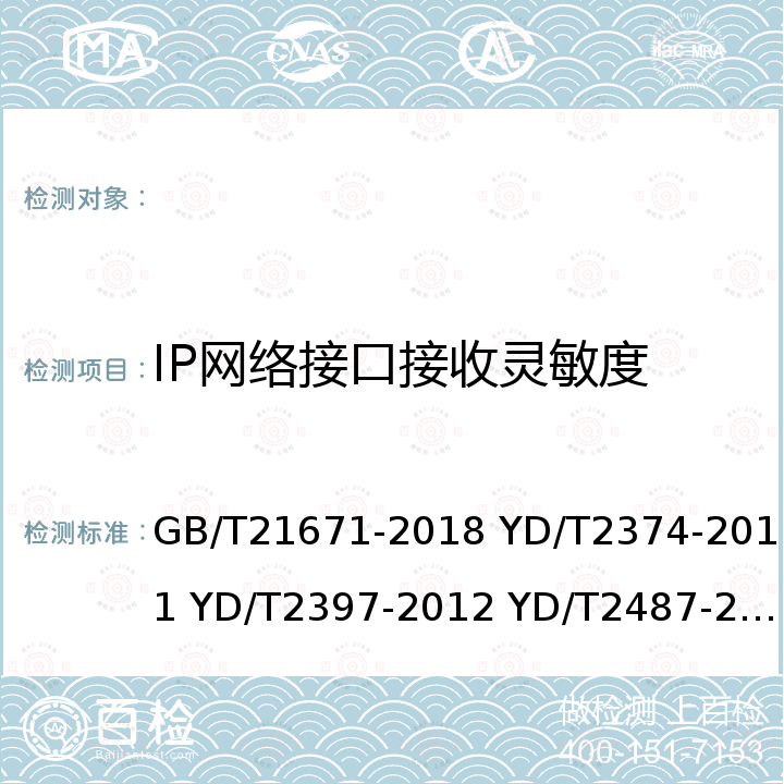 IP网络接口接收灵敏度 GB/T 21671-2018 基于以太网技术的局域网（LAN）系统验收测试方法