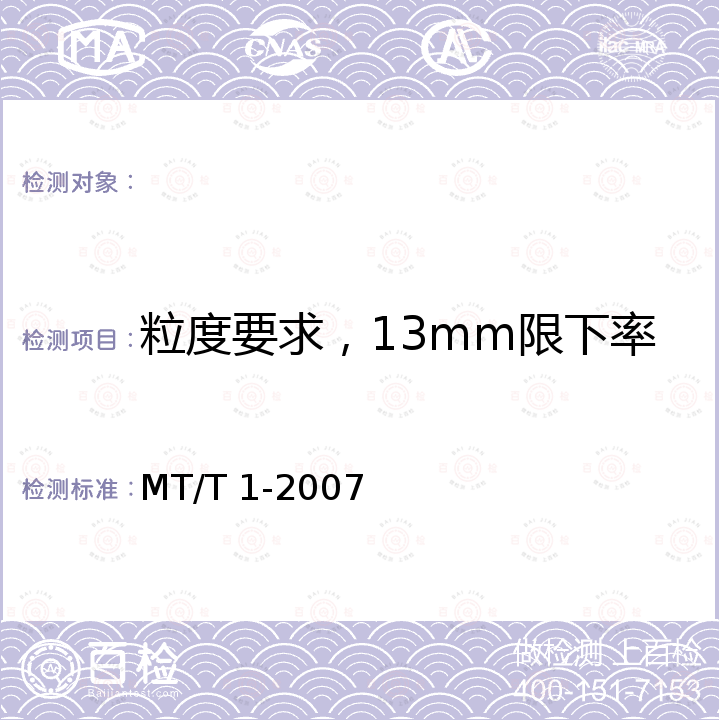粒度要求，13mm限下率 MT/T 1-2007 商品煤含矸率和限下率的测定方法