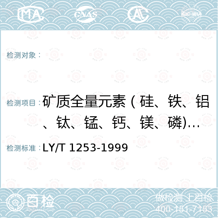 矿质全量元素（硅、铁、铝、钛、锰、钙、镁、磷)烧矢量 LY/T 1253-1999 森林土壤矿质全量元素(硅、铁、铝、钛、锰、钙、镁、磷)烧失量的测定