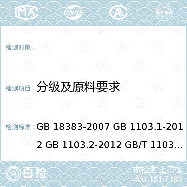 分级及原料要求 絮用纤维制品通用技术要求 棉花 第1部分：锯齿加工细绒棉 棉花 第2部分：皮辊加工细绒棉 棉花天然彩色细绒棉 GB 18383-2007 GB 1103.1-2012 GB 1103.2-2012 GB/T 1103.3-2005