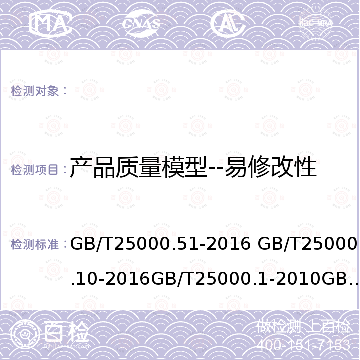 产品质量模型--易修改性 系统与软件工程 系统与软件质量要求和评价(SQuaRE) 第51部分:就绪可用软件产品(RUSP)的质量要求和测试细则  系统与软件工程 系统与软件质量要求和评价（SQuaRE）第10部分:系统与软件质量模型    软件工程 软件产品质量要求与评价（SQuaRE)SQuaRE指南   软件工程 产品质量第2部分：外部度量 GB/T25000.51-2016 GB/T25000.10-2016GB/T25000.1-2010GB/T16260.2-2006