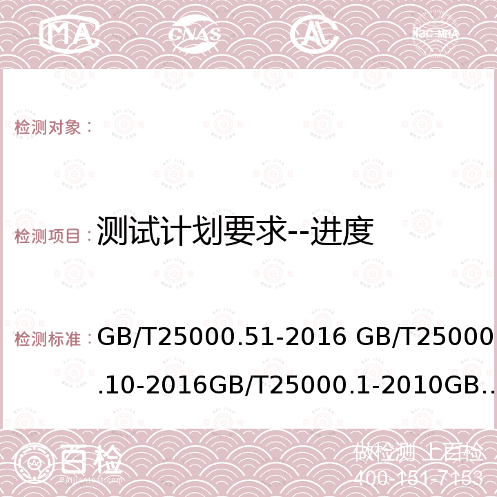 测试计划要求--进度 GB/T 25000.51-2016 系统与软件工程 系统与软件质量要求和评价(SQuaRE) 第51部分:就绪可用软件产品(RUSP)的质量要求和测试细则