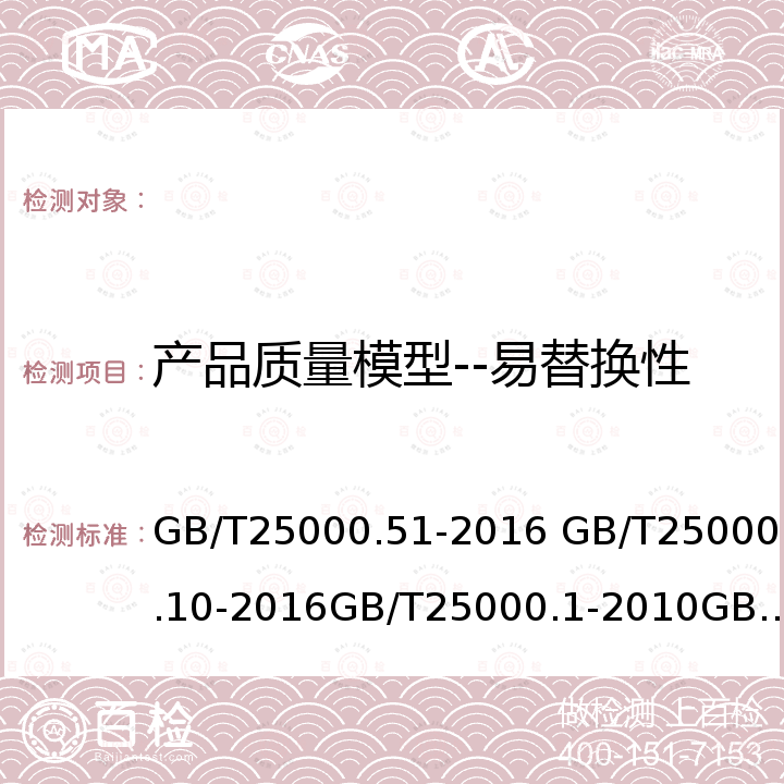 产品质量模型--易替换性 系统与软件工程 系统与软件质量要求和评价(SQuaRE) 第51部分:就绪可用软件产品(RUSP)的质量要求和测试细则  系统与软件工程 系统与软件质量要求和评价（SQuaRE）第10部分:系统与软件质量模型    软件工程 软件产品质量要求与评价（SQuaRE)SQuaRE指南   软件工程 产品质量第2部分：外部度量 GB/T25000.51-2016 GB/T25000.10-2016GB/T25000.1-2010GB/T16260.2-2006