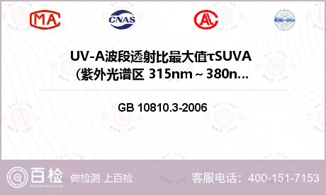 UV-A波段透射比最大值τSUV